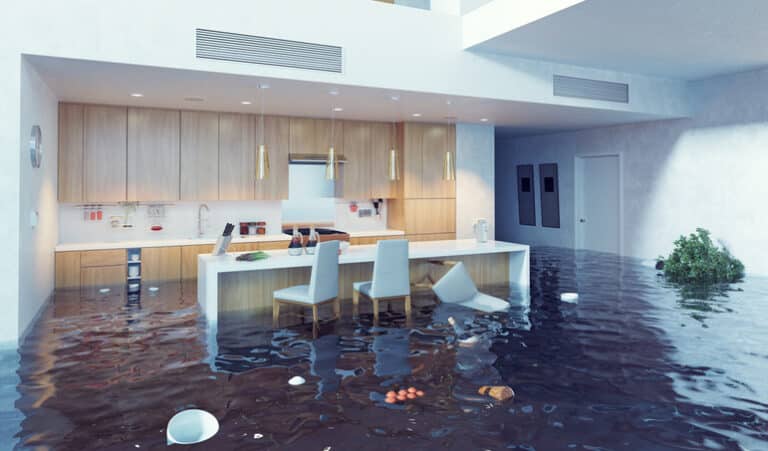 An image depicting a plumbing emergency of a flooded kitchen