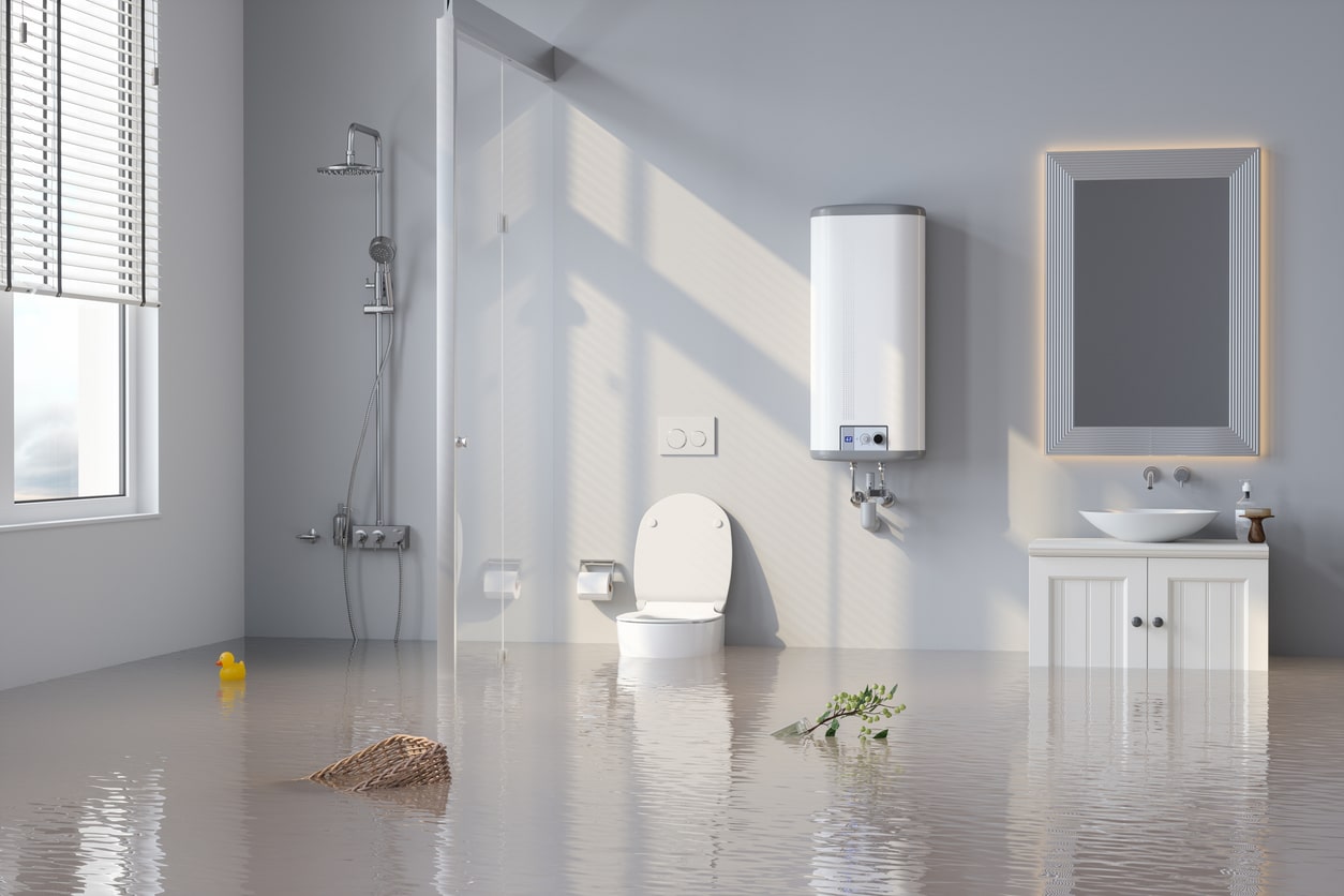 An overflowing and flooded bathroom plumbing emergency in Las Vegas.