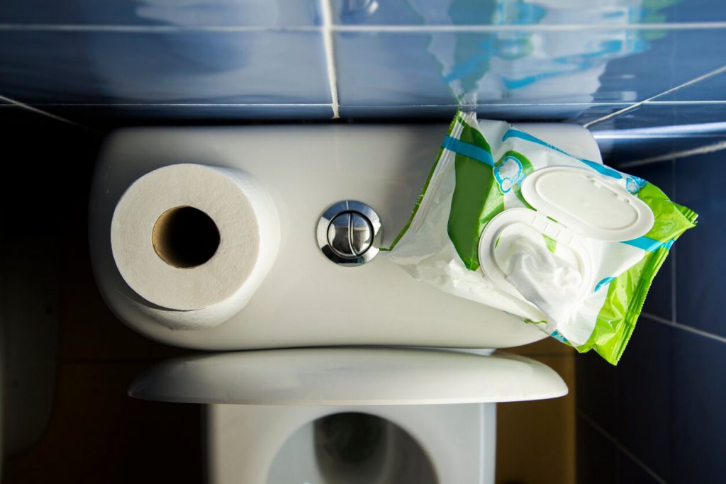 pack of flushable wipes on toilet