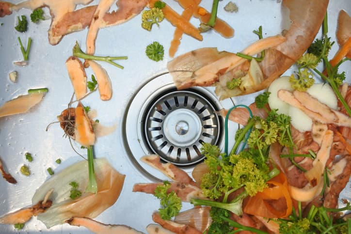 Food scraps in stainless steel sink